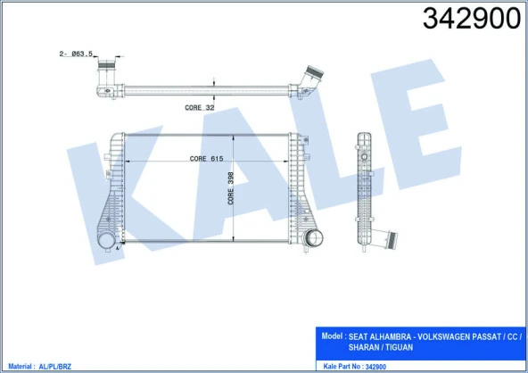 KALE TURBO RADYATÖRÜ INTERCOOLER PASSAT-TİGUAN-SHARAN-ALHAMBRA 2.0TDI 08 615X398X32 A