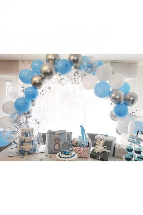 Beysüs 15 li Gümüş Konfetili 5 Şeffaf Balon 5 Makaron Mavi 5 Metalik Gri Balon Seti - 5