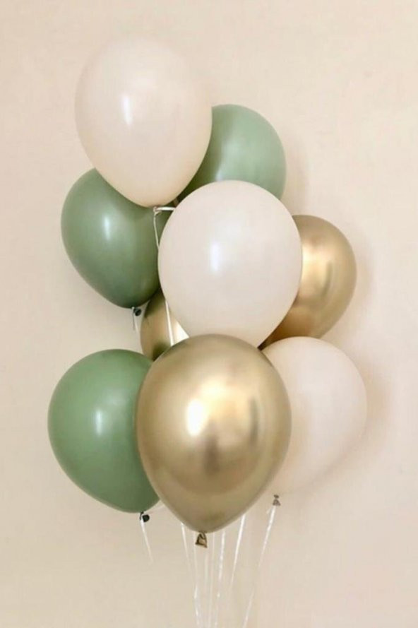 Beysüs 9 Adet Krom Gold Küf Yeşili Ve Pastel Beyaz Renk Balon