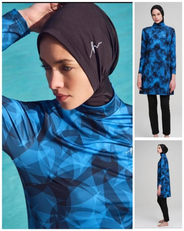 HAŞEMA NERGİS SAKS MAVİSİ DESENLİ LİKRALI SİYAH TESETTÜR MAYO - 7