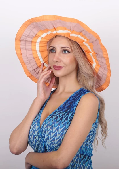 Kadın Çizgili Geniş Kenarlı Şapka 5376 - Resim 6