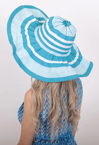 Kadın Çizgili Geniş Kenarlı Şapka 5376 - Resim 12
