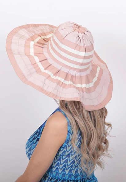 Kadın Çizgili Geniş Kenarlı Şapka 5376 - Resim 7