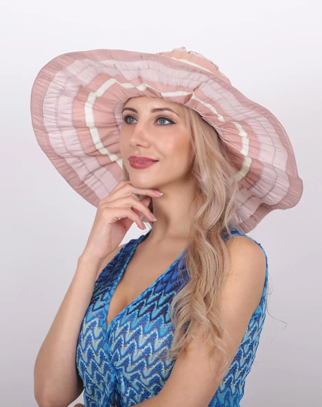 Kadın Çizgili Geniş Kenarlı Şapka 5376 - Resim 8