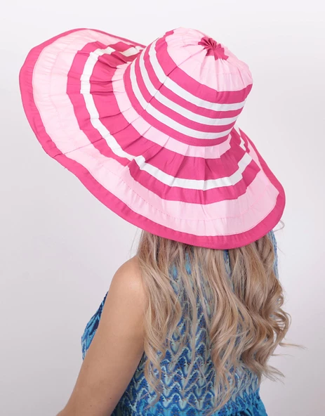 Kadın Çizgili Geniş Kenarlı Şapka 5376 - Resim 9