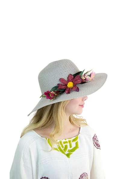 Çiçekli Hasır Kadın Şapka 3869 - Resim 7