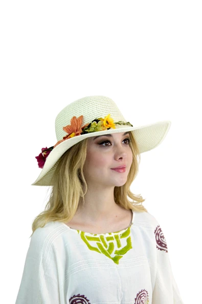 Çiçekli Hasır Kadın Şapka 3869 - Resim 5