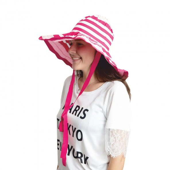Yazlık Kadın Geniş Kenarlı Şeritli Şapka 5377