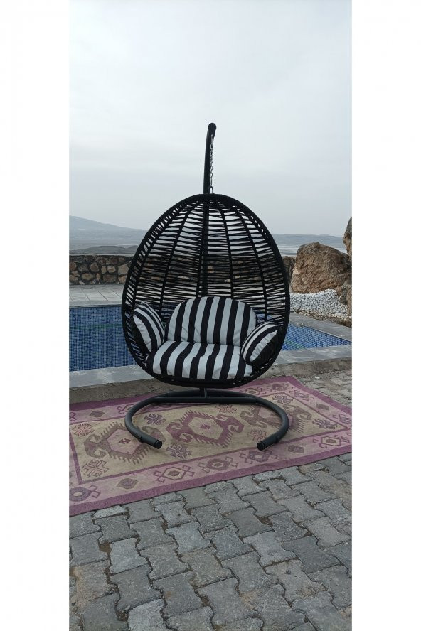 COLORMİX  Siyah (siyah Beyaz Minderli) Bahçe Balkon Tek Kişilik Armut Findik Salıncak, Hamak