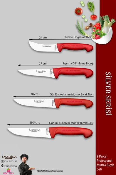 Lazbisa Silver Pro Serisi Mutfak Bıçak Seti 9 Parça Et Ekmek Sebze Salata Börek Bıçağı Masatı (MFP-408) - 2