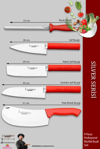 Lazbisa Silver Pro Serisi Mutfak Bıçak Seti 9 Parça Et Ekmek Sebze Salata Börek Bıçağı Masatı (MFP-408) - 3