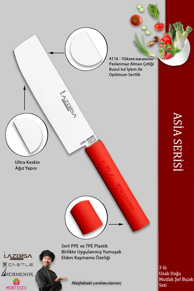 Lazbisa Asia Serisi Mutfak Şef Bıçağı Seti Et Ekmek Sebze Şef Bıçak 3 Lü Set Günlük Kullanım ( Mtf-346) - Resim 3