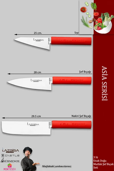 Lazbisa Asia Serisi Mutfak Şef Bıçağı Seti Et Ekmek Sebze Şef Bıçak 3 Lü Set Günlük Kullanım ( Mtf-346) - Resim 2