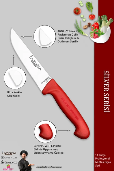 Lazbisa Silver Pro Serisi Mutfak Bıçak Seti 11 Parça Et Ekmek Sebze Börek Şef Bıçağı Masatı Satırı (MFP-784) - 4