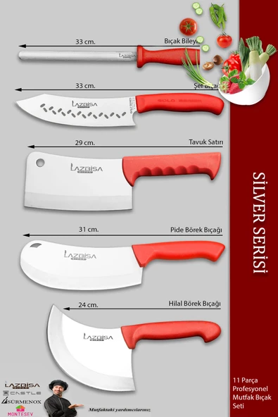 Lazbisa Silver Pro Serisi Mutfak Bıçak Seti 11 Parça Et Ekmek Sebze Börek Şef Bıçağı Masatı Satırı (MFP-784) - 3