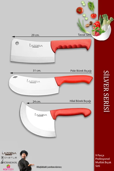 Lazbisa Silver Pro Serisi Mutfak Bıçak Seti 9 Parça Et Ekmek Sebze Soğan Börek Bıçağı Satırı (MFP-245) - 3