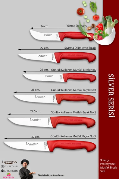 Lazbisa Silver Pro Serisi Mutfak Bıçak Seti 9 Parça Et Ekmek Sebze Soğan Börek Bıçağı Satırı (MFP-245) - 2