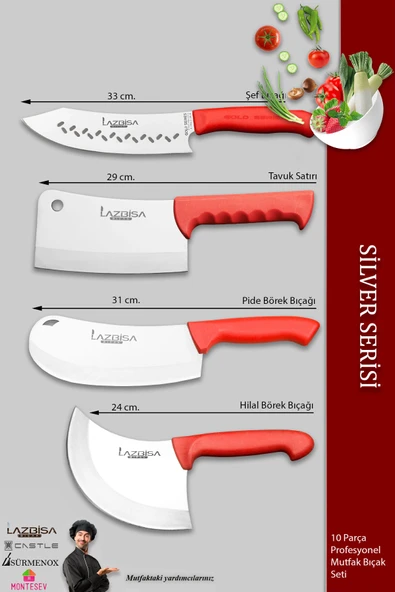 Lazbisa Silver Pro Serisi Mutfak Bıçak Seti 10 Parça Et Ekmek Sebze Soğan Börek Şef Bıçağı Satırı (MFP-369) - 3