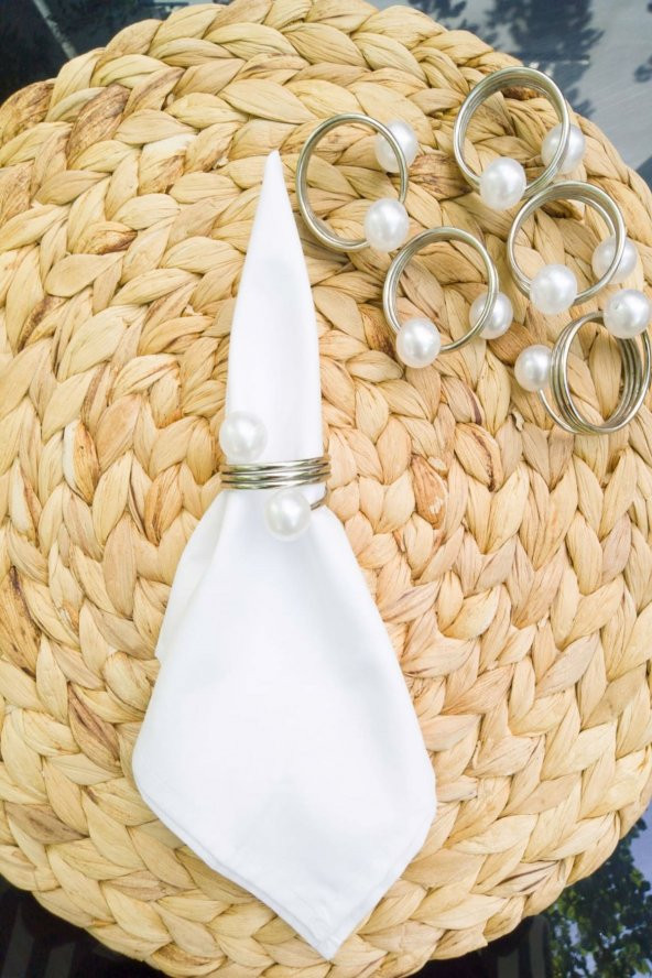 6 Adet Gümüş Galvaniz Kaplama Trio Steel İncili Peçete Yüzüğü - Resim 2