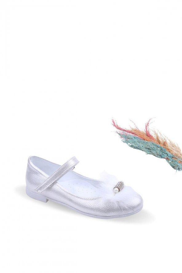 Sema Kids 1672 Kız Çocuk Balerin Taşlı Tüy Süslemeli Rugan Babet Ayakkabı