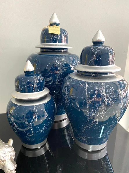 3 LÜ ŞAH KÜP SET GECE MAVİSİ MERMER DESENLİ - 4