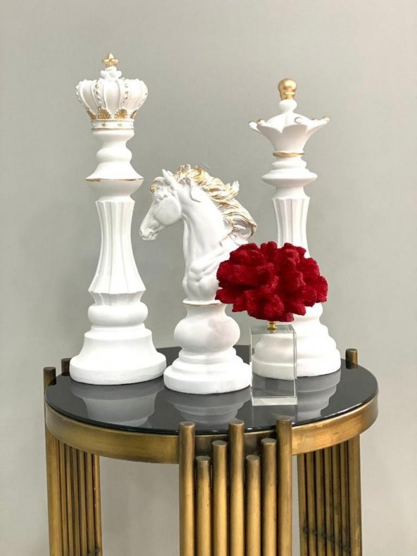 SATRANÇ TAKIMI ŞAH VEZİR AT BEYAZ 3 LÜ BİBLO BEYAZ GOLD - 2