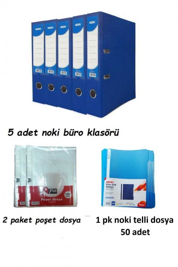 Noki Mavi Geniş Klasör Plastik 5 Adet, 1 Paket Telli Dosya Ve Poşet Dosya 2 Paket