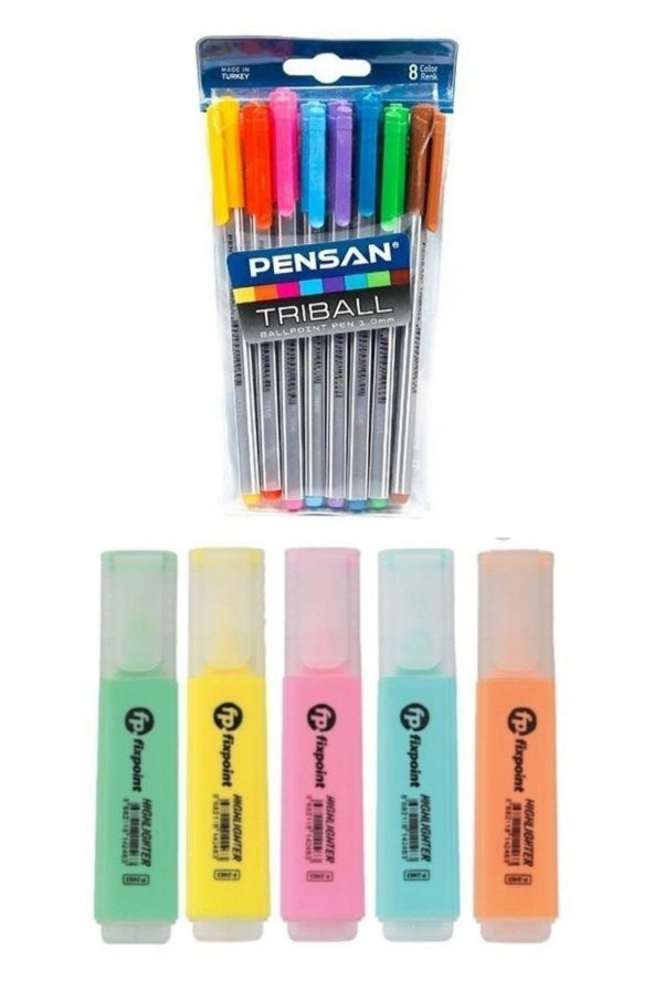 Pensan Triball Tükenmez Kalem 8 Renk + Fixpoint Pastel Fosforlu Kalem 5 Renk
