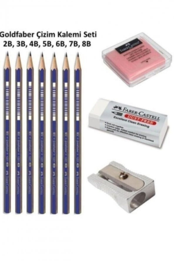 Faber Castell Dereceli Kalem Karakalem Eskiz Kalemleri 2b 3b 4b 5b 6b 7b 8b , Hamur Silgi , Kalemtraş, Beyaz Silgi - 1