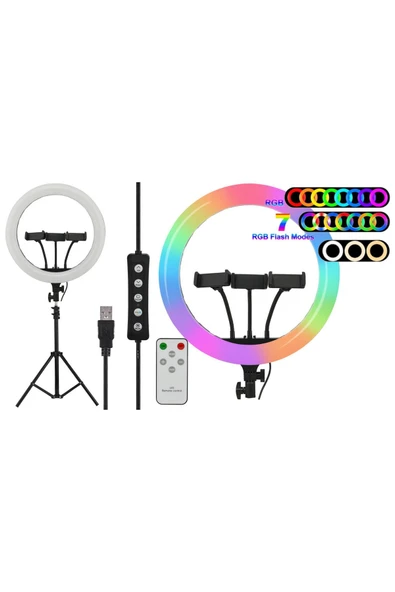 36 Cm Rgb Ring Light  Led Selfie Youtuber Tiktok Işığı 210 Cm Tripod Kumanda Hediyeli