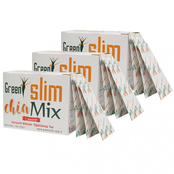 3 Kutu Slim Mix Chia & L-Carnitin İçeren Bitkisel Toz Karışımı 5gr. x 20 Şase Green Slim x3 Paket - 1
