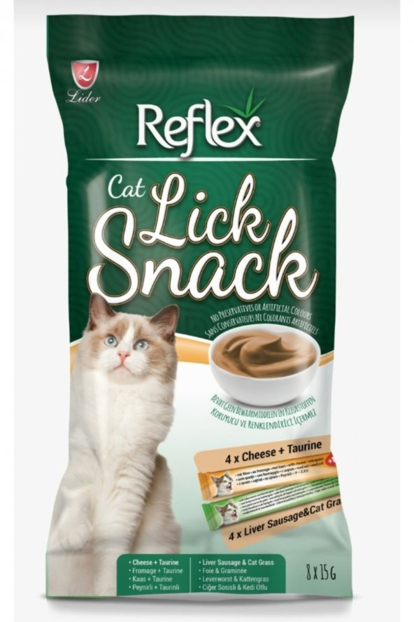 Reflex Lick Snack Peynir Ciğer ve Sosisli Sıvı Kedi Ödül Maması 8 x 15 G