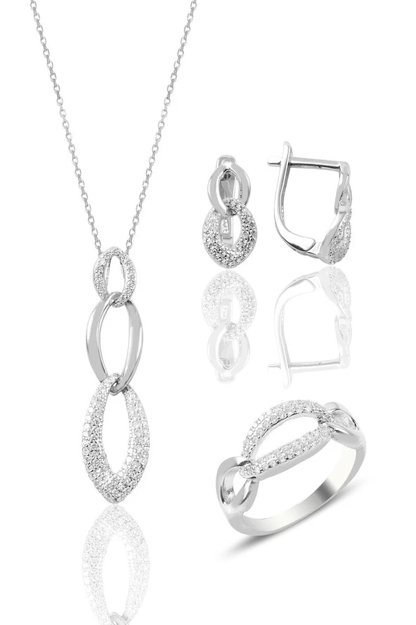 Gümüş zincir modeli zirkon taşlı üçlü set SGTL9078 ürün görseli