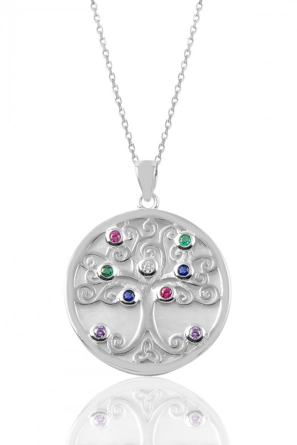 Gümüş sedef ve renkli taşlı hayat ağacı kolye ürün görseli 1
