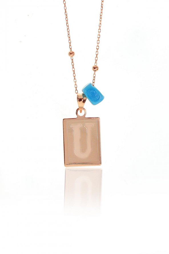 Gümüş U harfi ve turkuz taşlı top top zincirli kolye ürün görseli 1