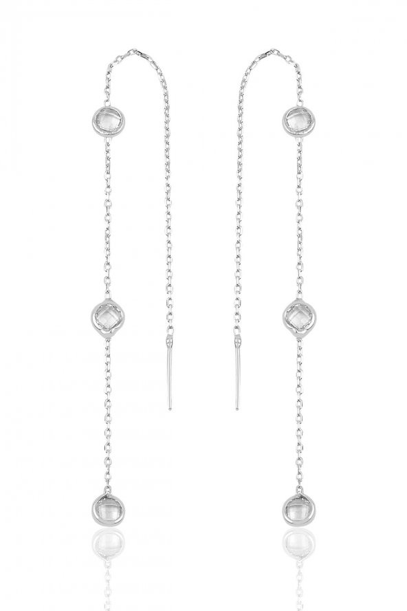 Gümüş 3 taşlı zincirli küpe ürün görseli