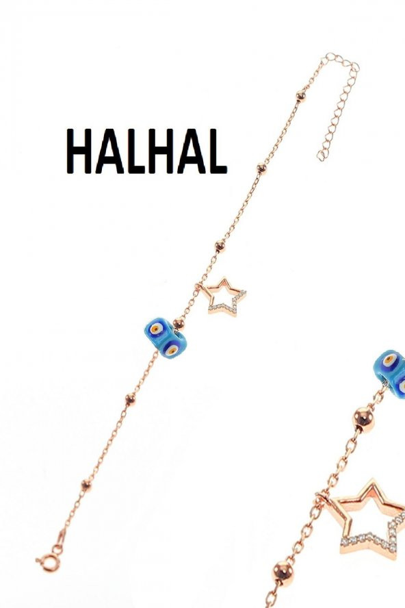 Gümüş yıldız ve toplu mineli turkuaz taşlı zincir halhal ürün görseli