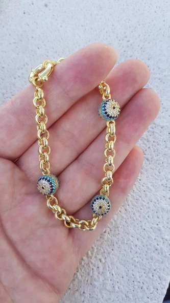 Gümüş büyük boy turkuaz taşlı nazarlı bileklik - Resim 5