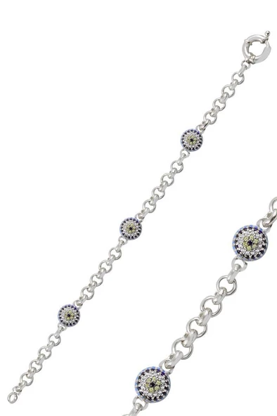 Gümüş büyük boy turkuaz taşlı nazarlı bileklik - Resim 6