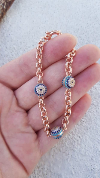 Gümüş büyük boy turkuaz taşlı nazarlı bileklik - Resim 4