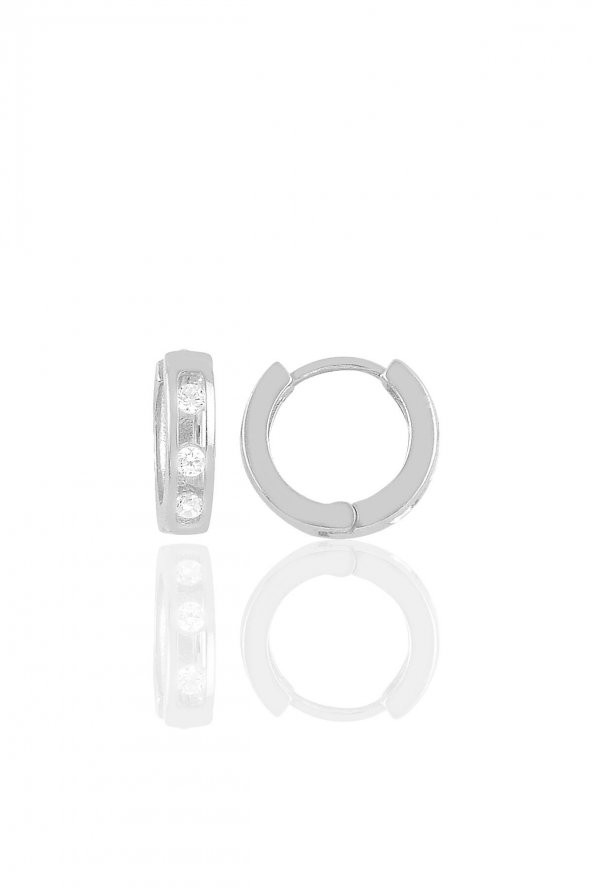 Gümüş rodyumlu üç taşlı trend halka küpe ürün görseli 1