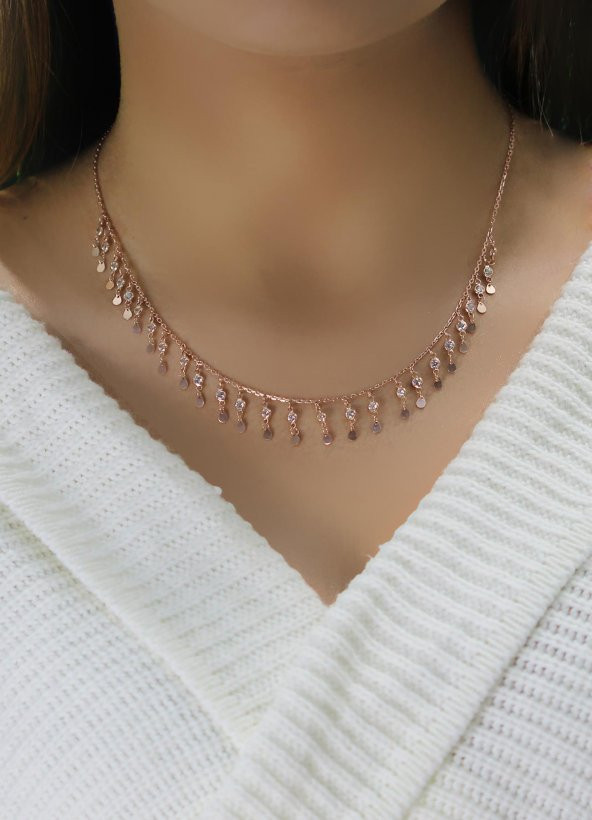 Gümüş rose zirkon taşlı damla pullu kolye - Resim 2