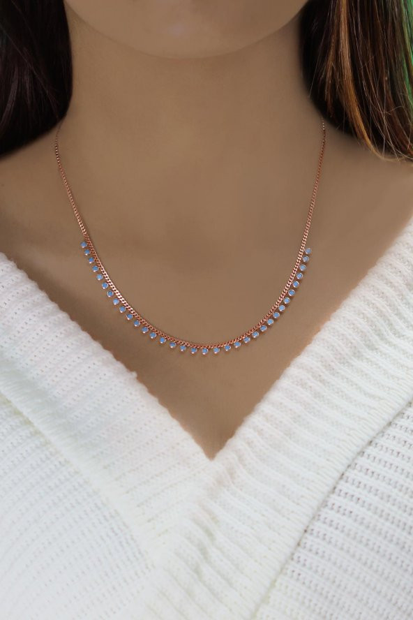 Gümüş rose turkuaz taşlı gurmet zincirli kolye - Resim 2