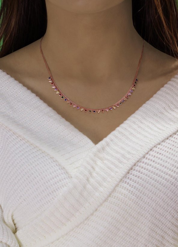 Gümüş rose renkli taşlı gurmet zincirli piramit kolye - Resim 2