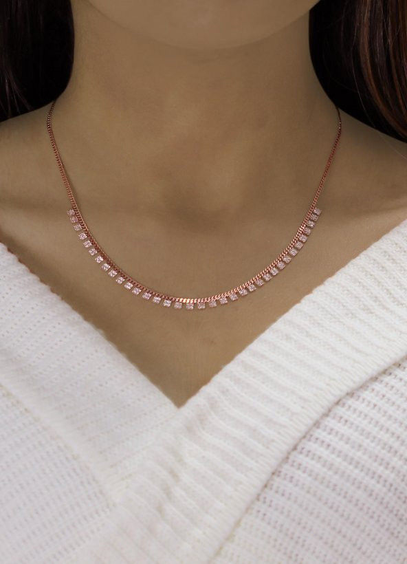 Gümüş rose zirkon taşlı gurmet zincirli kare kolye - Resim 2