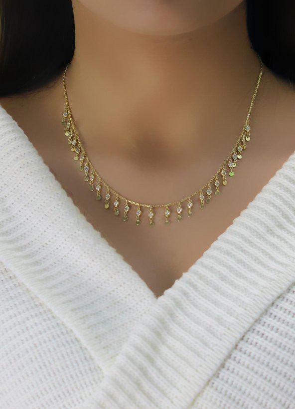 Gümüş altın yaldızlı zirkon taşlı pullu kolye - Resim 2