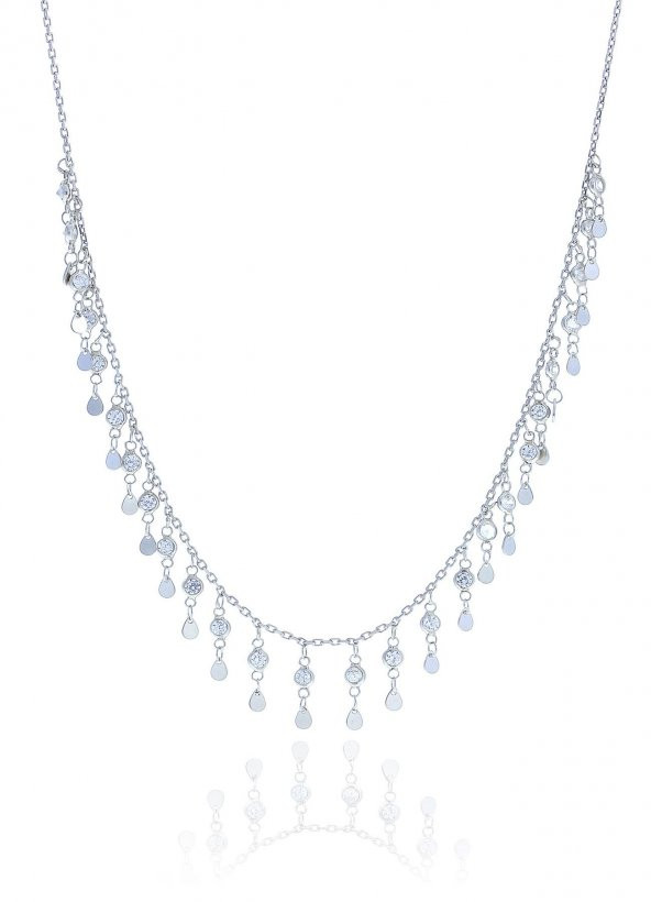 Gümüş rodyumlu zirkon taşlı damla pullu  kolye ürün görseli 1