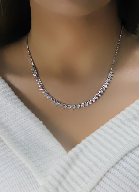 Gümüş rodyumlu zirkon taşlı gurmet zincirli piramit kolye - Resim 2