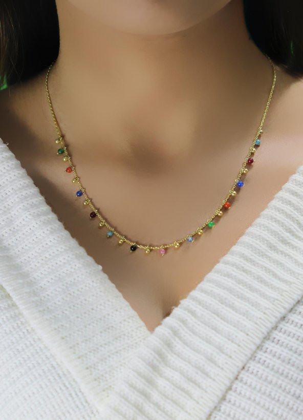 Gümüş altın yaldızlı doğal taşlı renk cümbüşü kolye - Resim 2