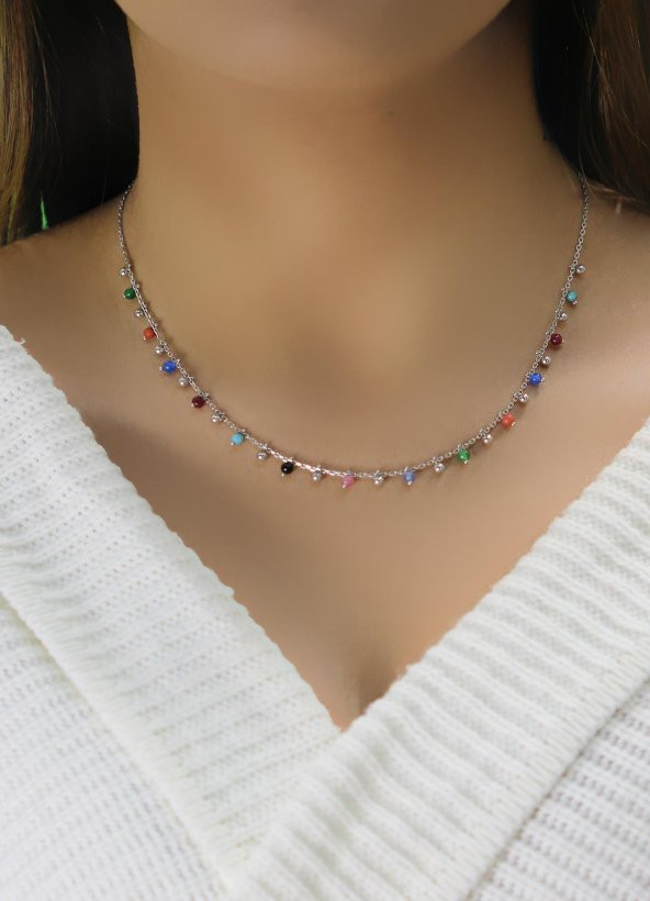 Gümüş rodyumlu doğal taşlı renk cümbüşü kolye - Resim 2